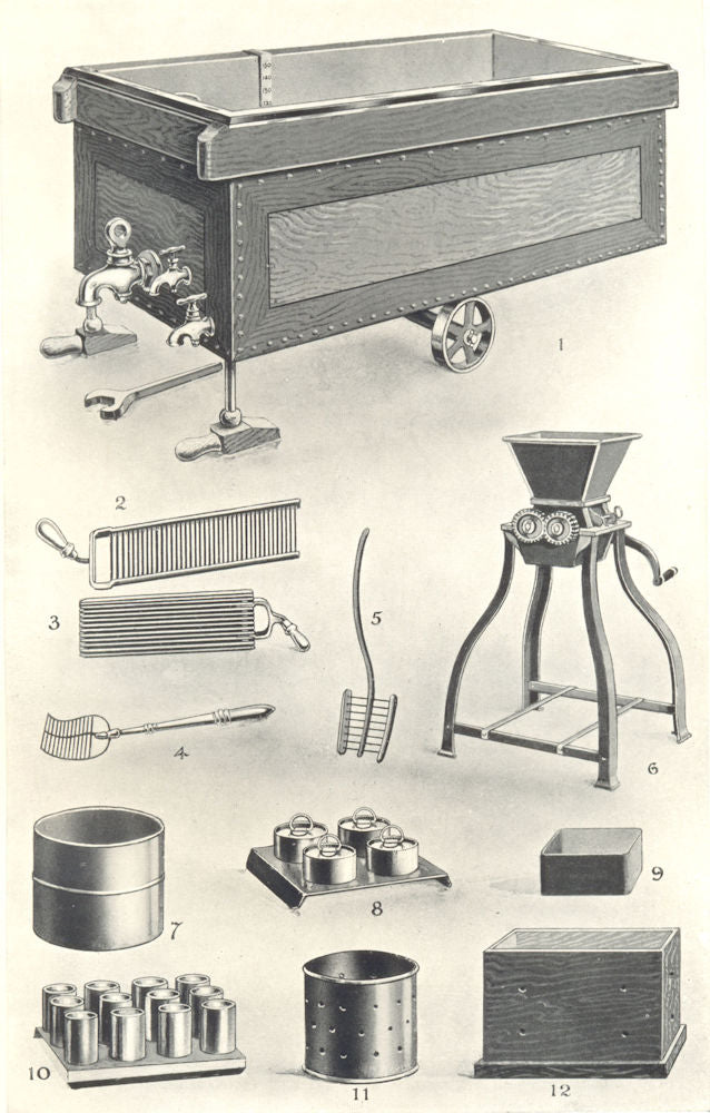 DAIRY APPLIANCES. Cheese vat & moulds. Curd Knives Breaker Rake Mill 1912